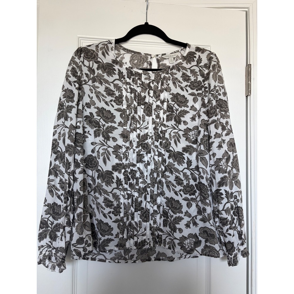 Lucky Brand Floral Pintuck Long Sleeve Modal Blouse Grey White Size Medium